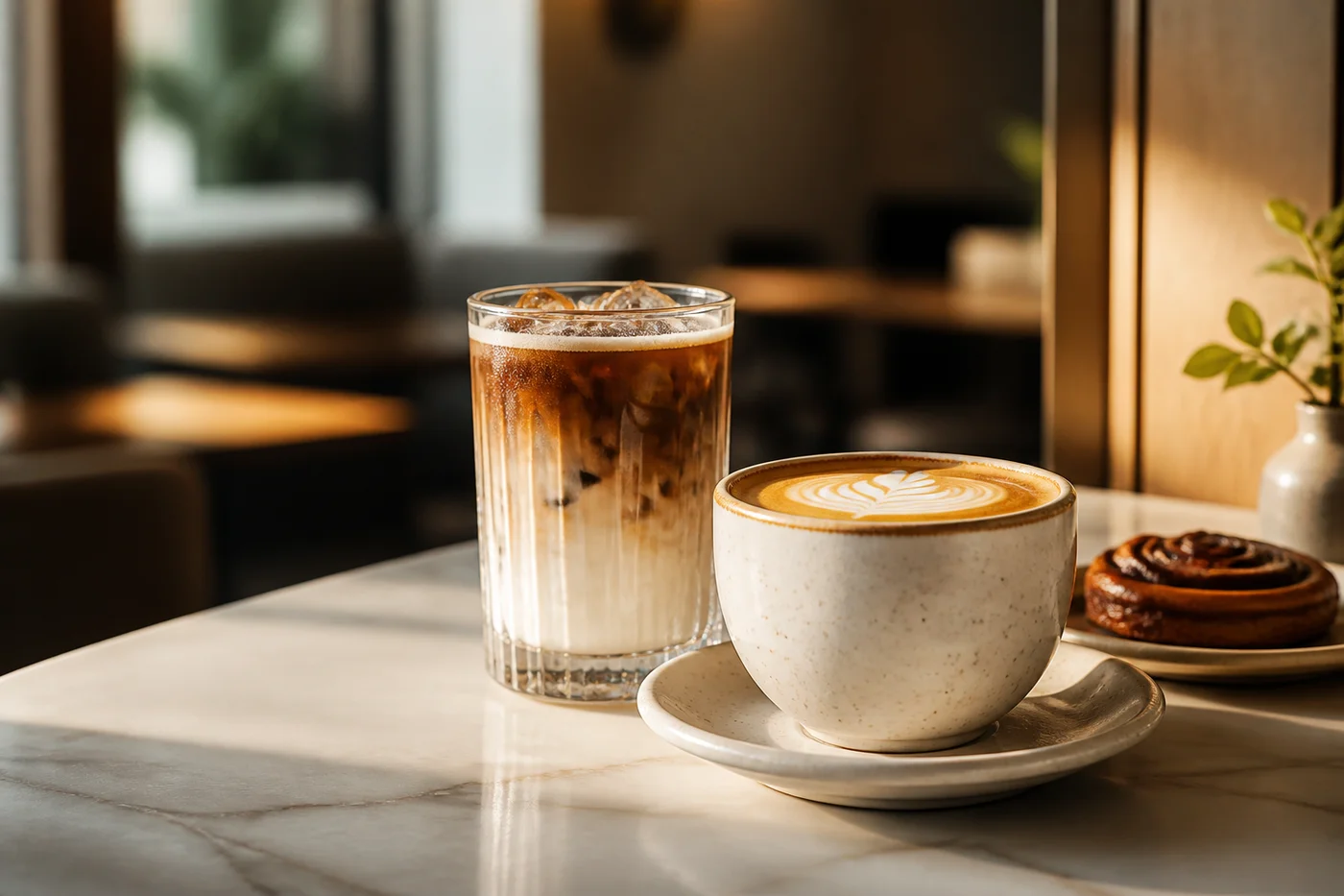 Café frío y capuchino en una mesa